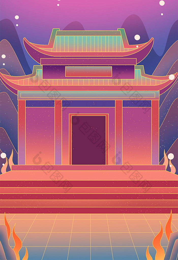 紫色海洋海底龙宫中国风建筑插画背景