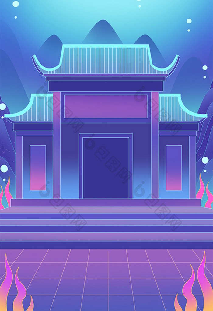 紫色神秘海洋海底龙宫中国风建筑插画背景