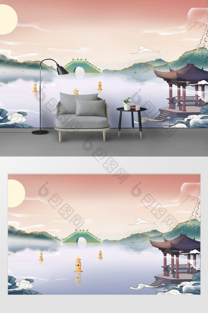 新现代鎏金山水杭州西湖城市地标背景墙