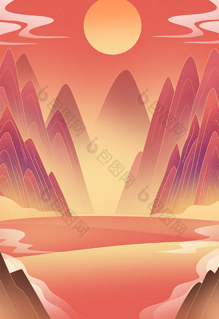 红色传统复古中国风山水插画背景素材火焰山