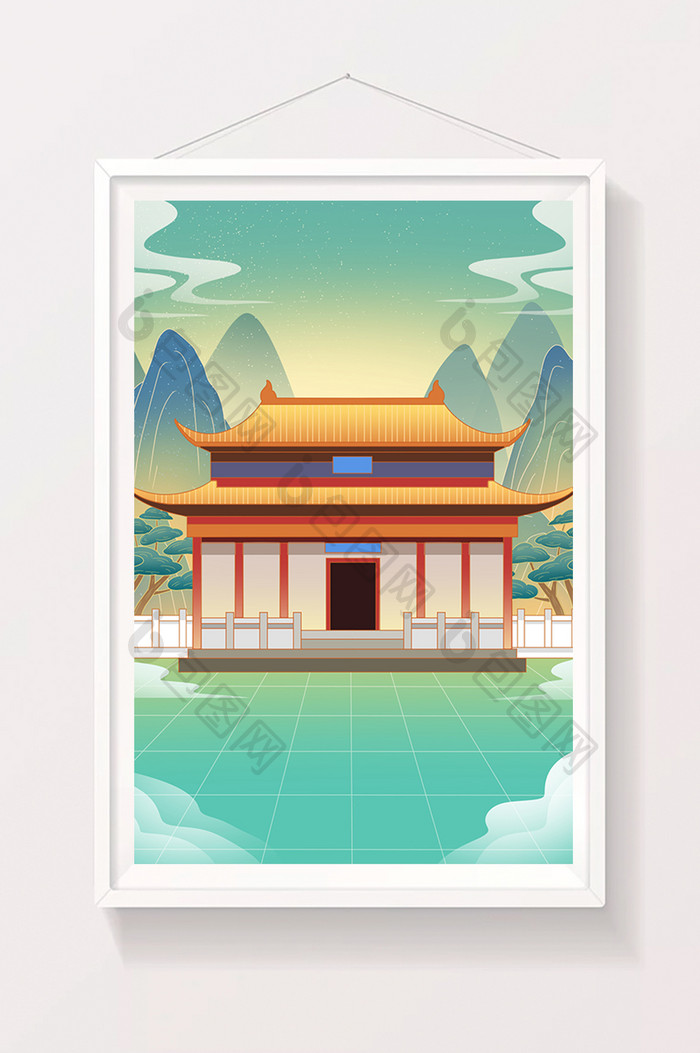 绿色扁平中国风山水宫殿插画背景传统建筑