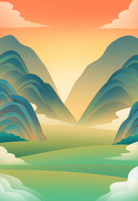 传统中国风扁平山水夕阳黄昏平原插画背景