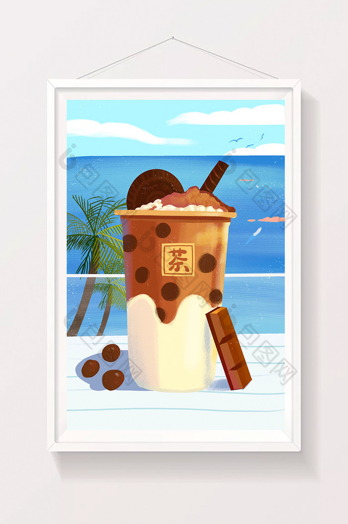 蓝色夏天海滩巧克力黑糖珍珠奶茶饮品插画