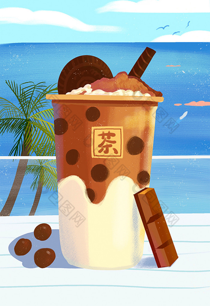 蓝色夏天海滩巧克力黑糖珍珠奶茶饮品插画