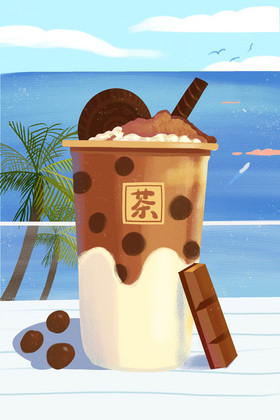 夏天海滩巧克力黑糖珍珠奶茶饮品插画