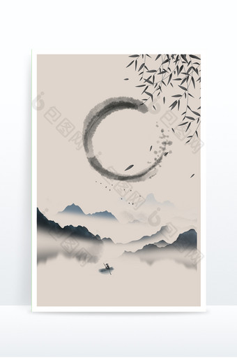 中国风水墨江面渔船柳树背景图片