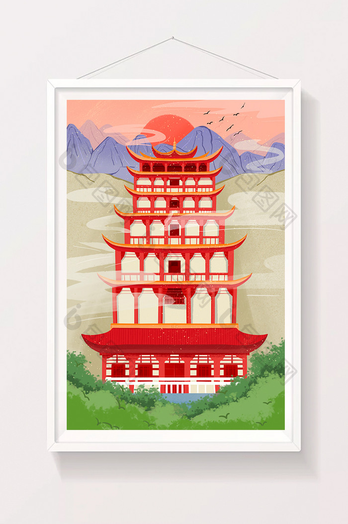 国潮中国风敦煌风山水建筑海报插画