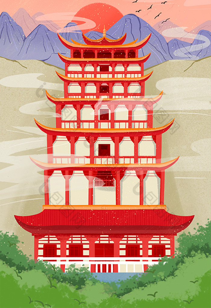国潮中国风敦煌风山水建筑海报插画