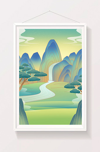 青绿山水中国风风景平原溪流插画背景图片
