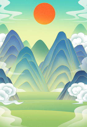 青绿山水中国风风景平原祥云夕阳插画背景