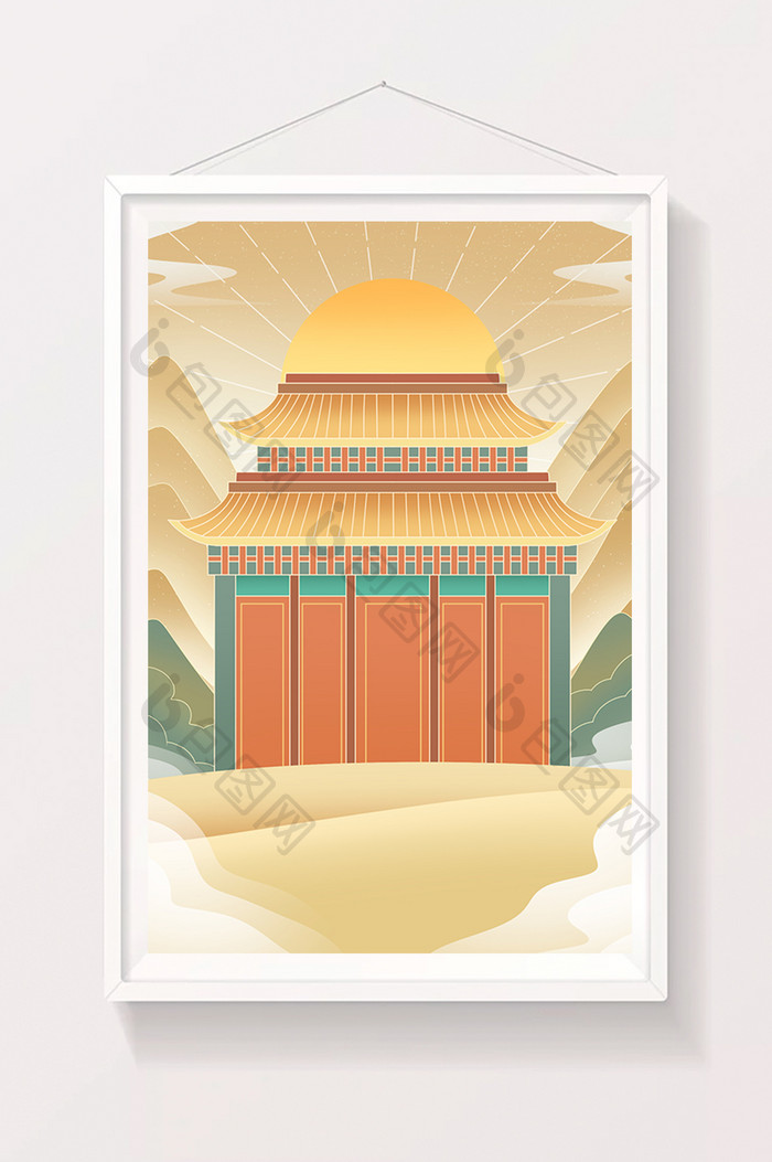 黄色中国风敦煌风传统建筑寺庙宫殿插画背景