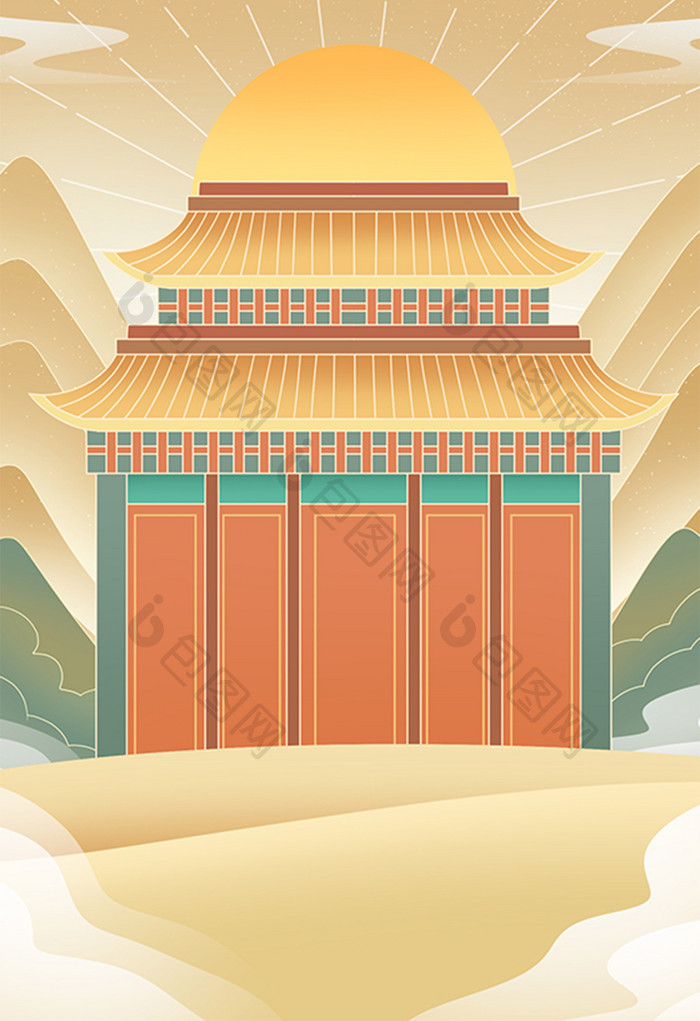 黄色中国风敦煌风传统建筑寺庙宫殿插画背景