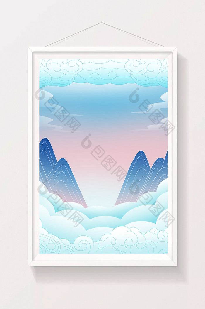 蓝色天庭天空云层敦煌中国风插画背景