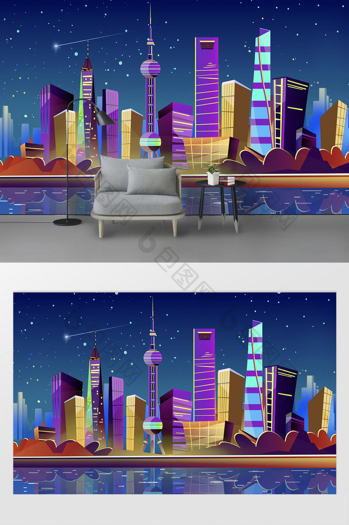 新现代卡通渐变夜景上海城市地标背景墙