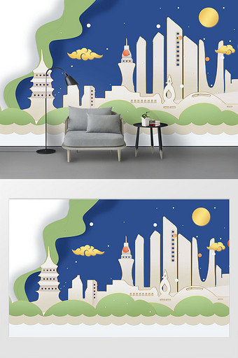 新现代柔色剪纸风杭州城市地标背景墙图片