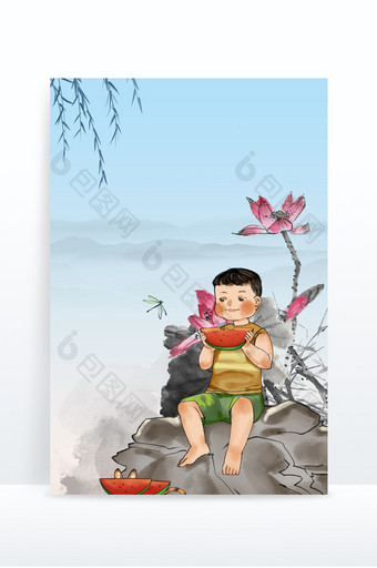 水墨中国风夏日夏季小孩吃西瓜大暑小暑背景图片