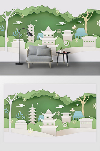 新现代绿色小清新剪纸风苏州城市地标背景墙图片