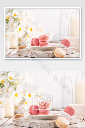 粉色马卡龙法式甜品摄影图图片