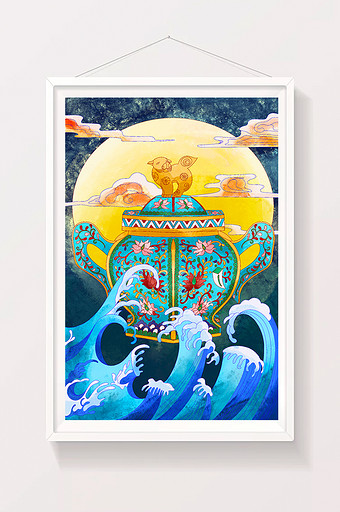蓝黄色中国风国潮瓷器双耳瓶工艺美术品插画图片