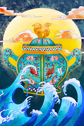 蓝中国风瓷器双耳瓶工艺美术品插画图片