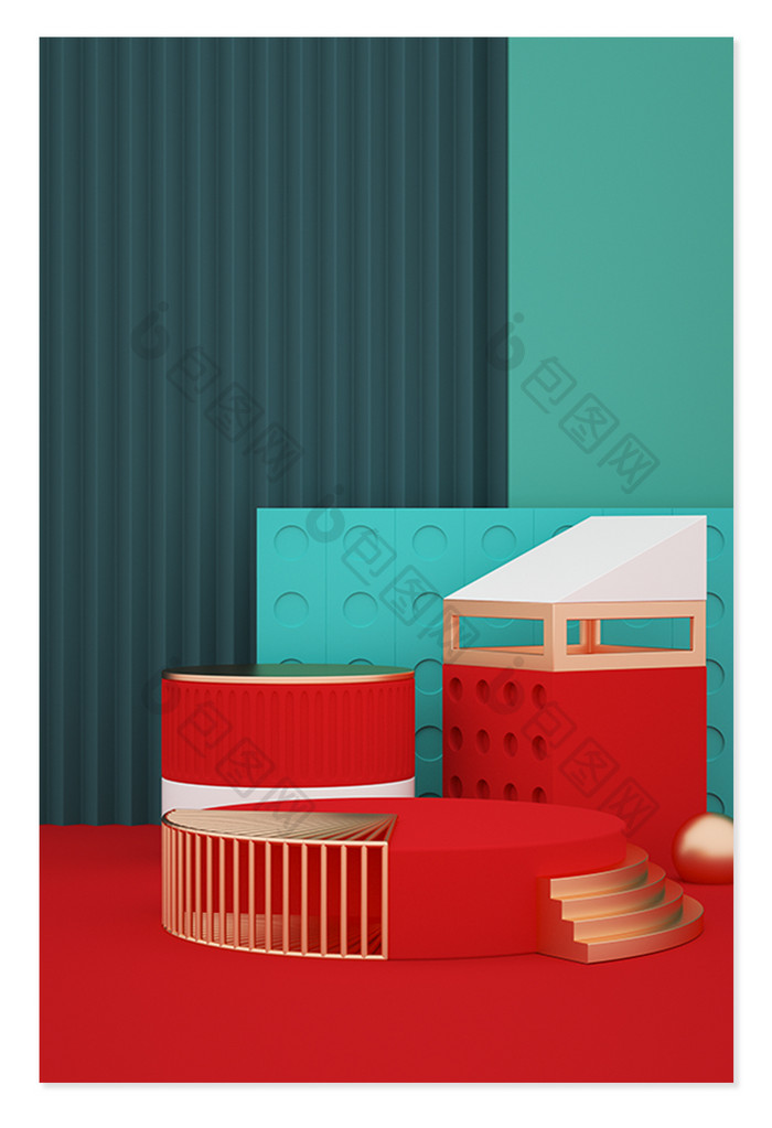 C4D红绿立体产品海报背景 暑假青春色彩