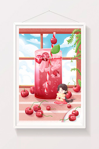 红色清新二十四节气小暑小女孩插画图片