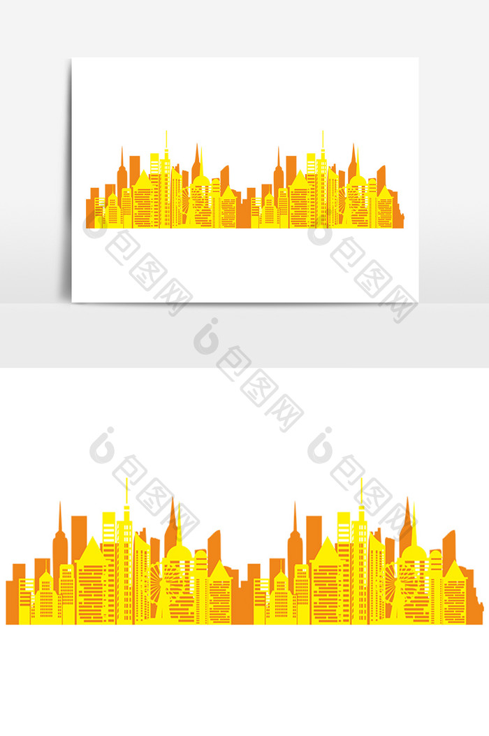 橙黄色卡通房子建筑城市剪影元素