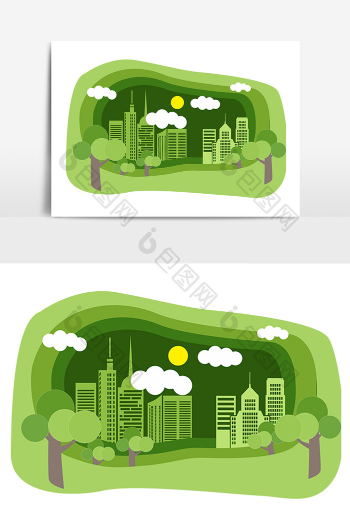剪纸风绿色卡通城市剪影促销活动元素