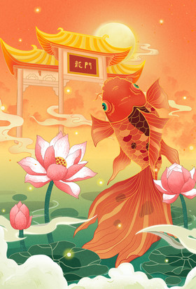 蓝淡雅国风鲤鱼插画锦鲤鲤鱼春节过年装饰窗花鲤鱼荷花春节窗花锦鲤