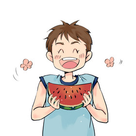 夏天大暑吃西瓜的小男孩