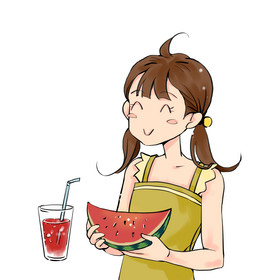 大暑吃西瓜喝果汁的女孩