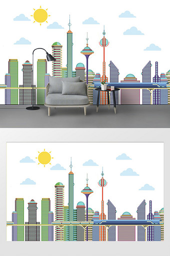 新现代漫画风摩天大楼城市背景墙图片