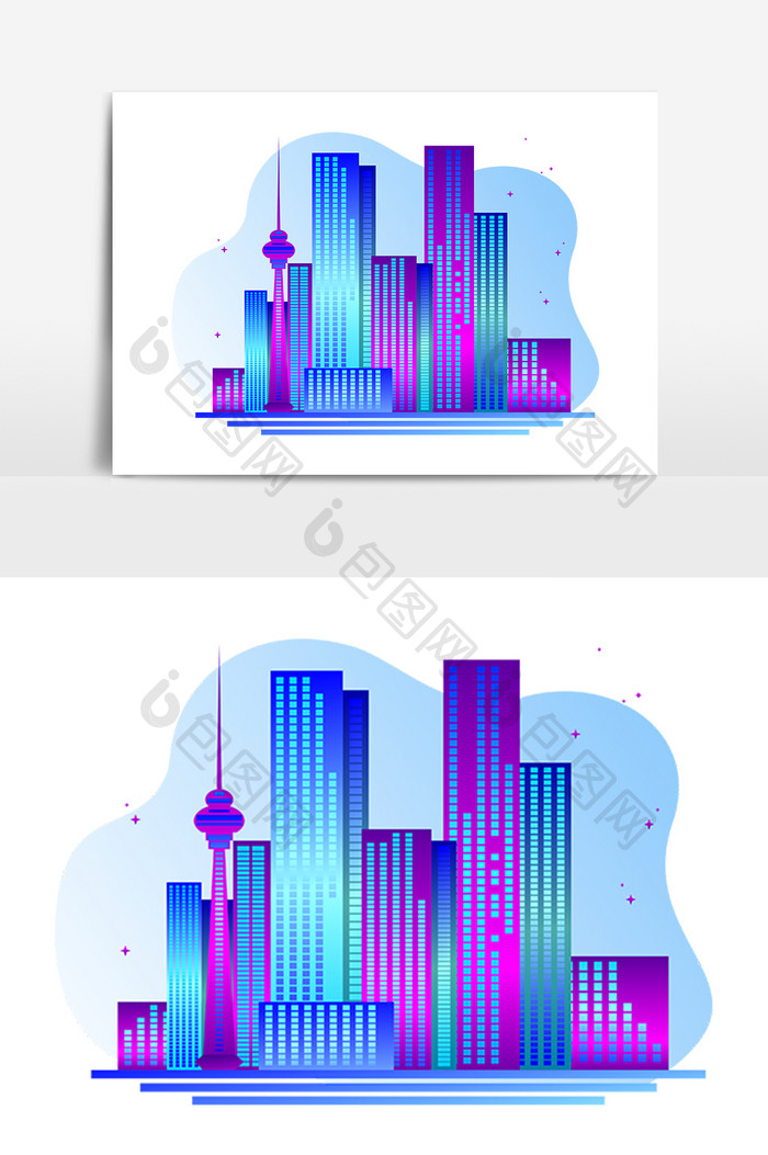蓝紫色渐变城市矢量剪影