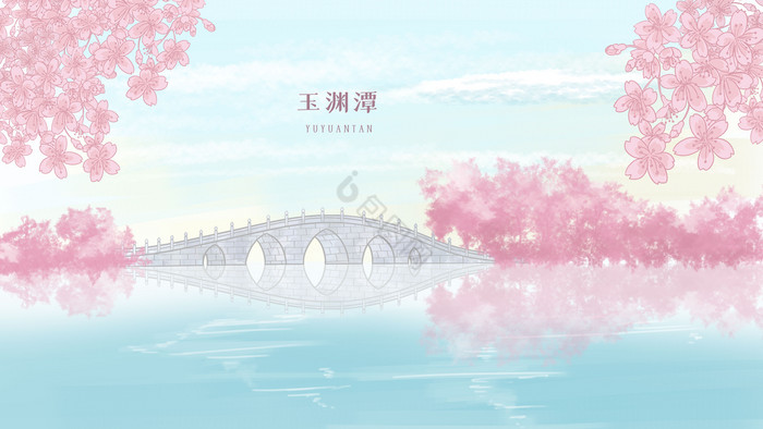 玉渊潭樱花堤桥旅行风景插画图片