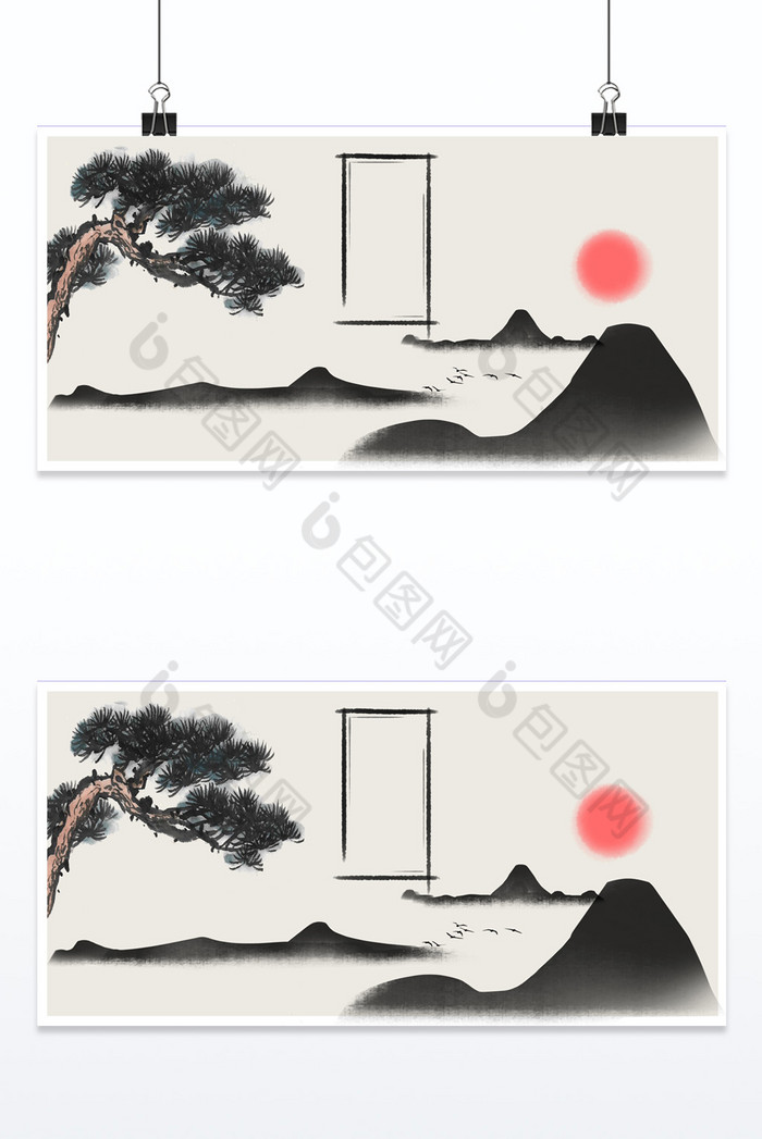 水墨山脉红日松树图片图片