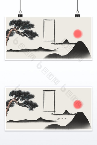 水墨中国风山脉红日松树背景图片