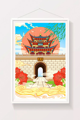 中国风国潮云南大理古城五华楼建筑旅游插画图片