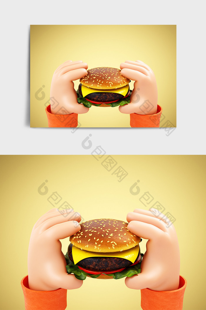 C4D创意卡通手拿汉堡手势元素