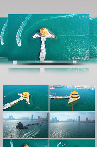 城市地标青岛栈桥大气4k航拍图片