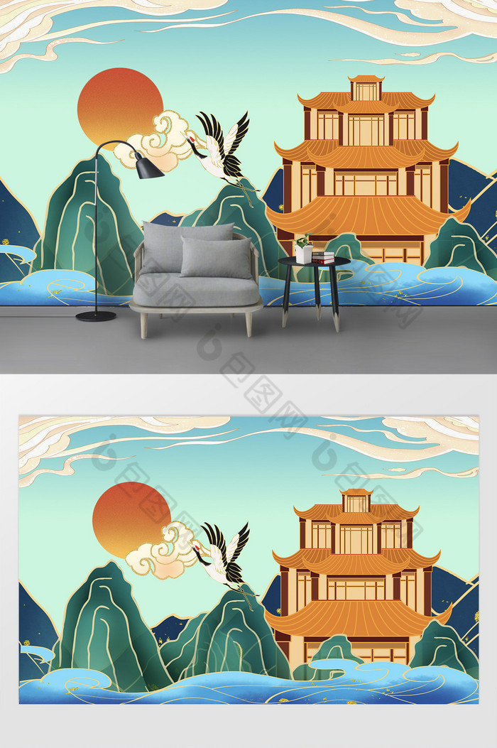 大气国潮新中式建筑山水背景墙图片图片