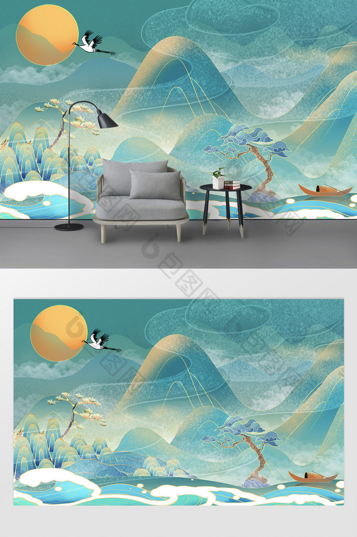 原创国潮新中式海浪山水背景墙图片图片