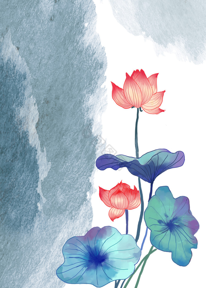新中式手绘水彩荷花客厅抽象装饰画
