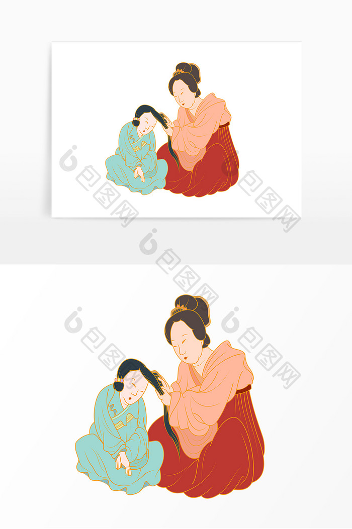 名画母女梳头形象元素