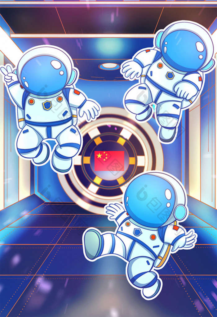 在太空舱即将出舱的三名宇航员插画
