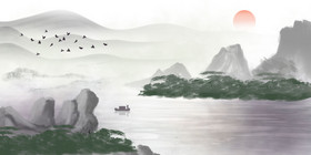 水上河岸中国风水墨画图片