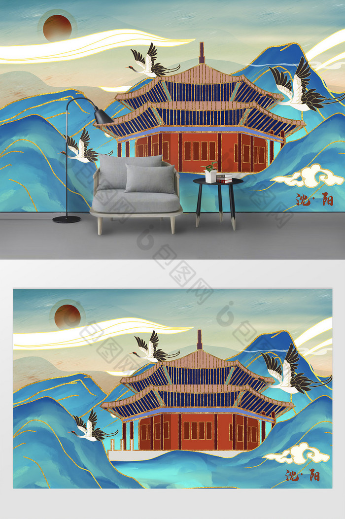 沈阳国潮新中式城市地标背景墙图片图片