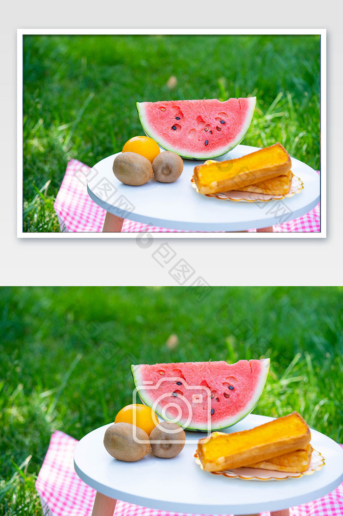夏季野餐西瓜和面包