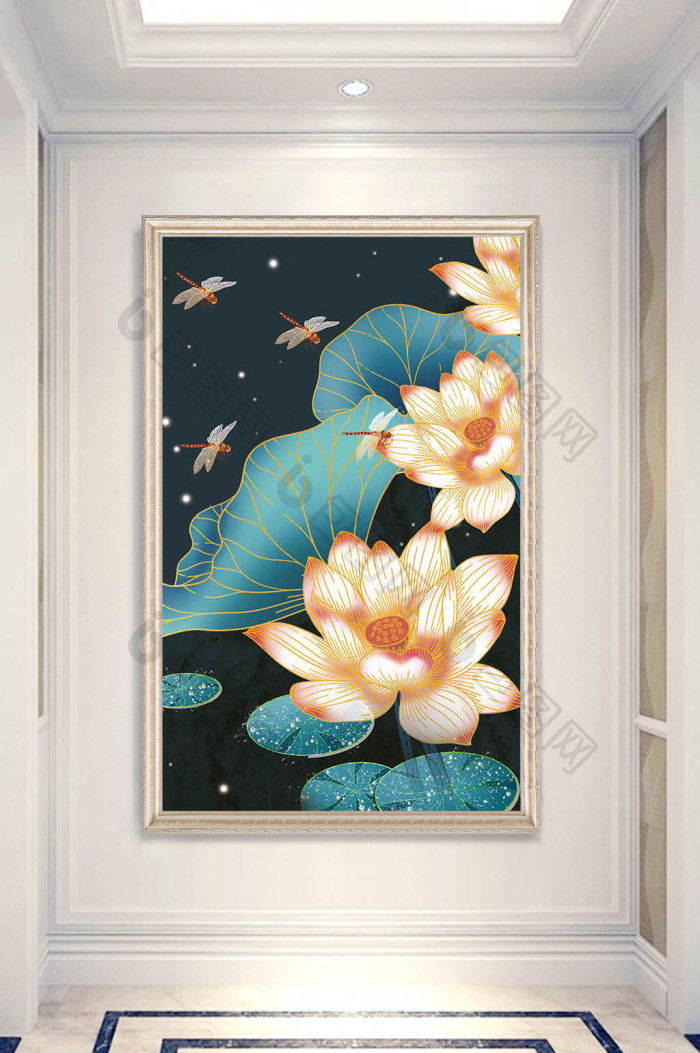 【荷花国潮新中式山水玄关装饰画】图片下载-包图网