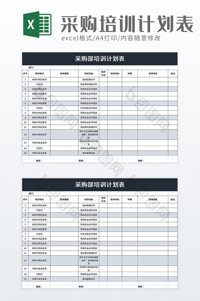 采购部培训计划表excel模板图片图片