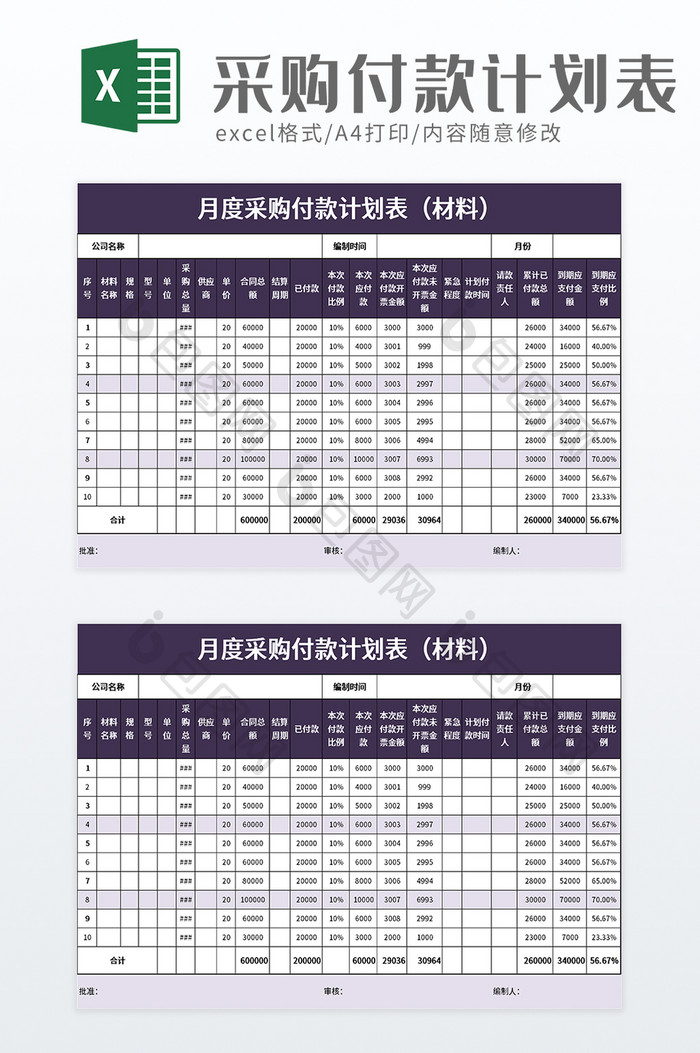 月度采购付款计划表excel模板